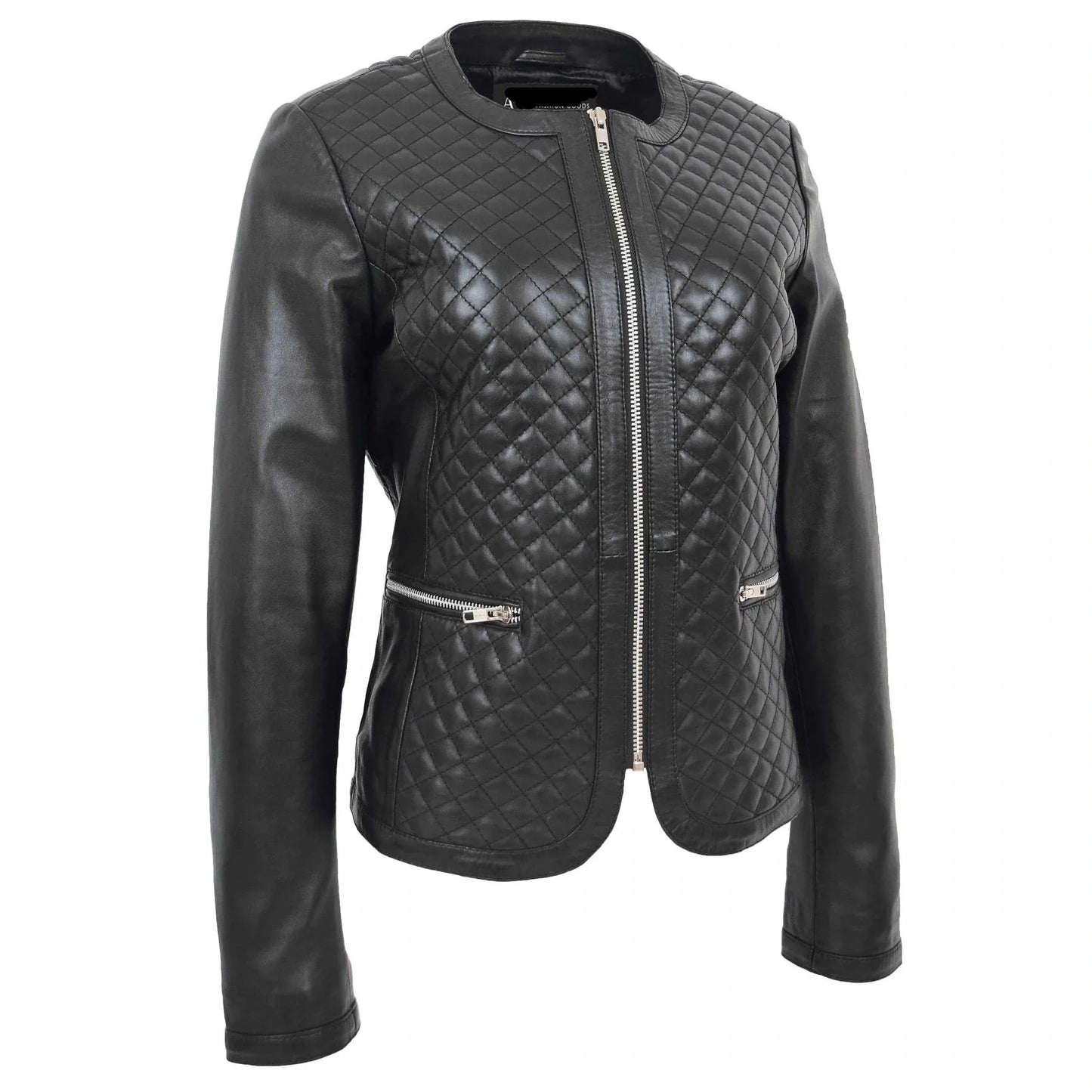 Black quilted leather jacket on a white background