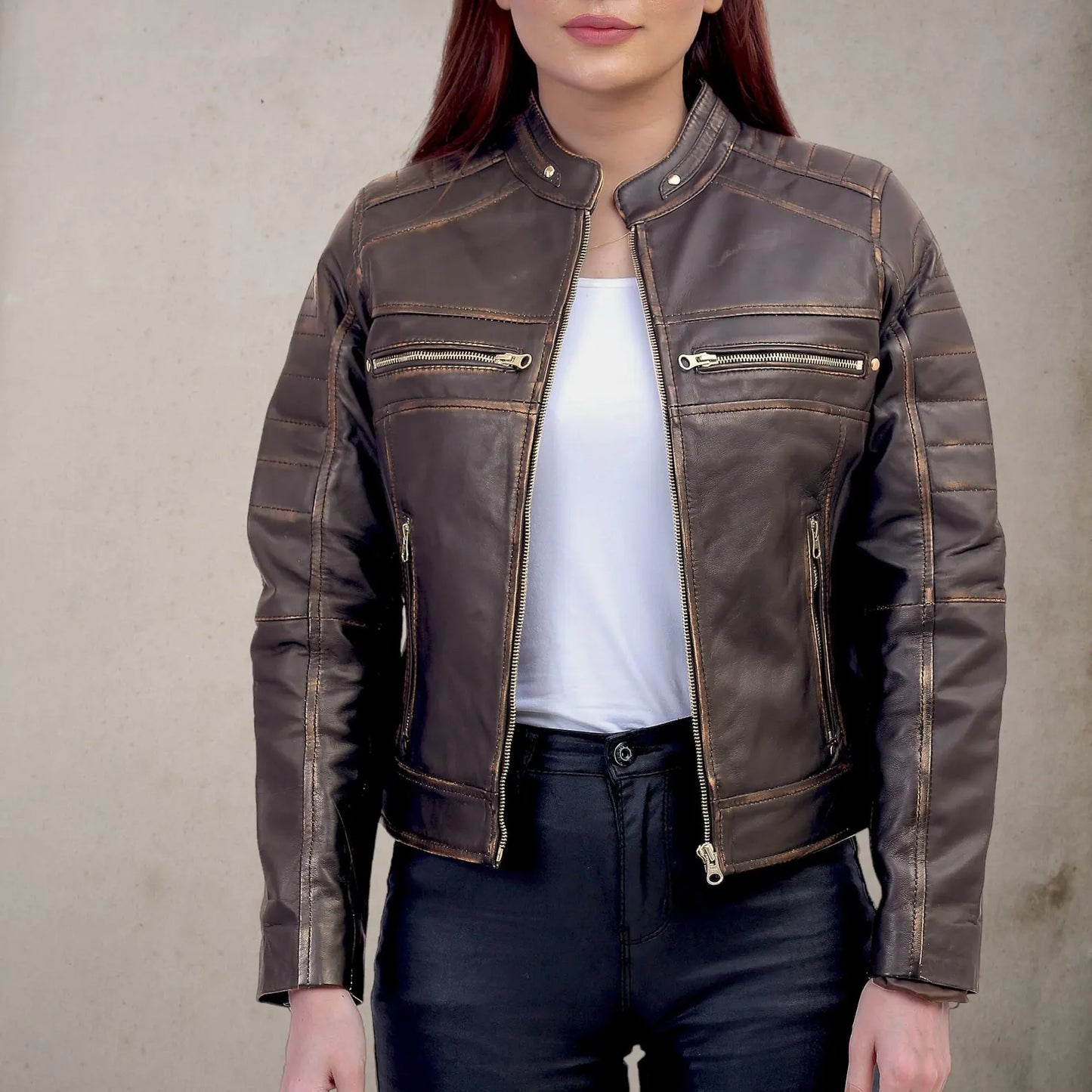 Women leather jacket open front view with zipper detail and silver hardware