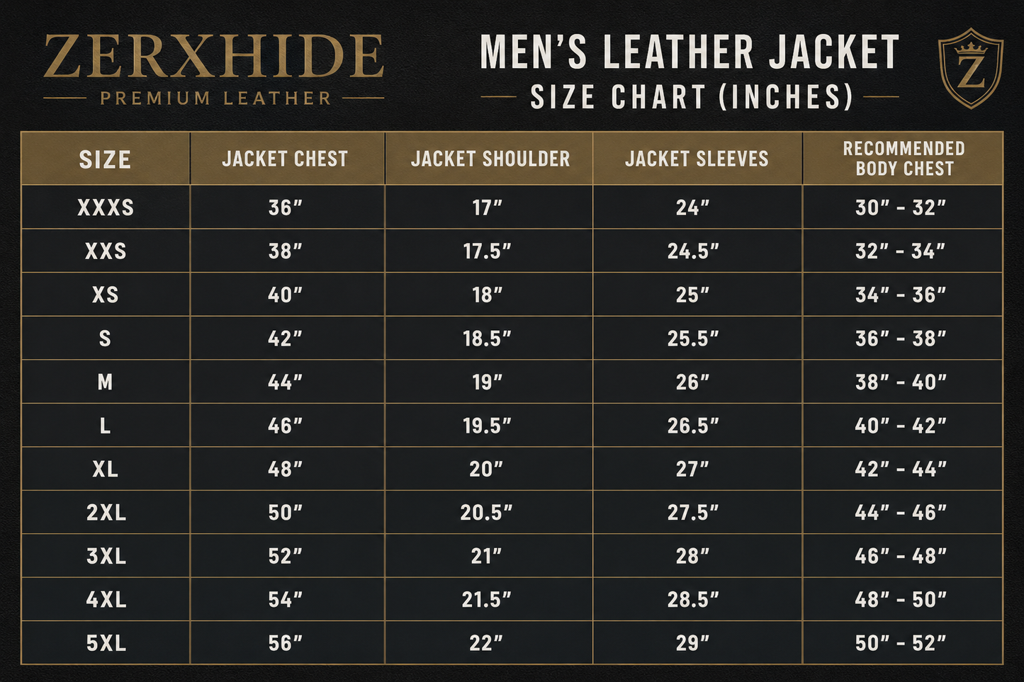 Zerxhide men's leather jacket size chart on a black background
