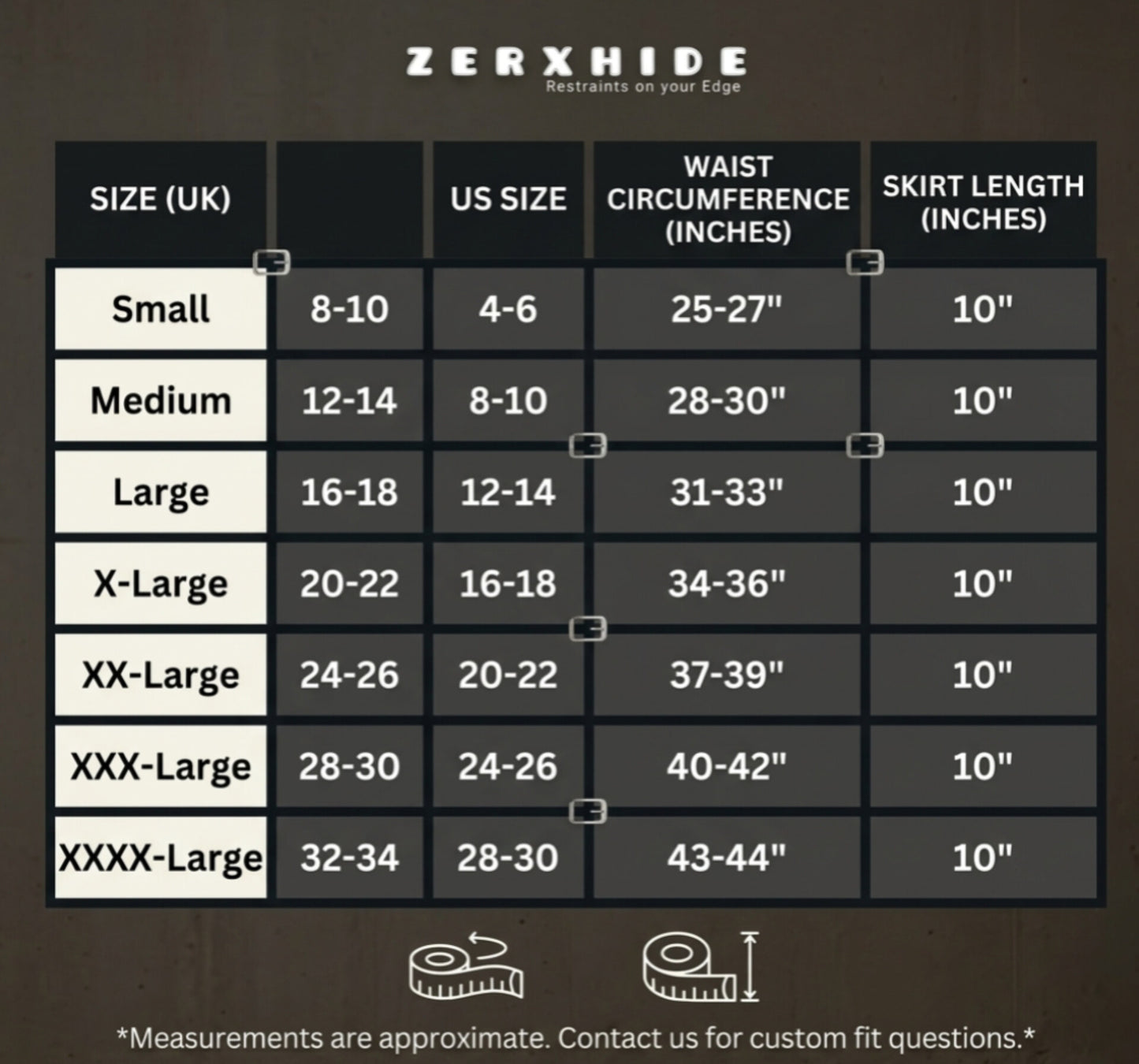ZERXHIDE Leather skirt size chart showing UK and US sizing with waist circumference.