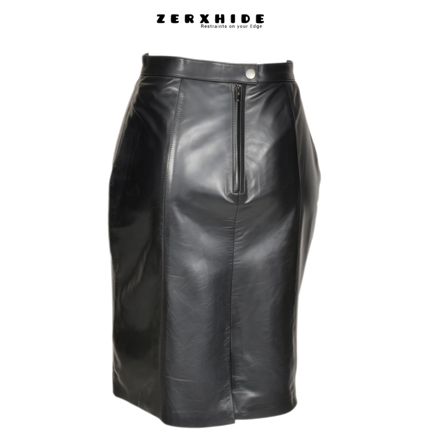 ZERXHIDE black leather skirt — zip and silver snap button detail, Napa lambskin midi skirt side angle