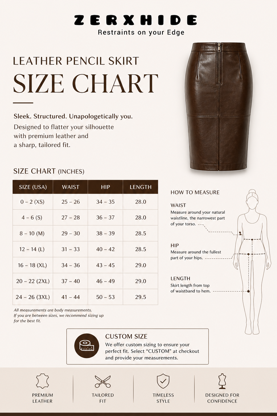 ZERXHIDE leather pencil skirt size chart — US sizes XS to 3XL with waist, hip and length measurements in inches