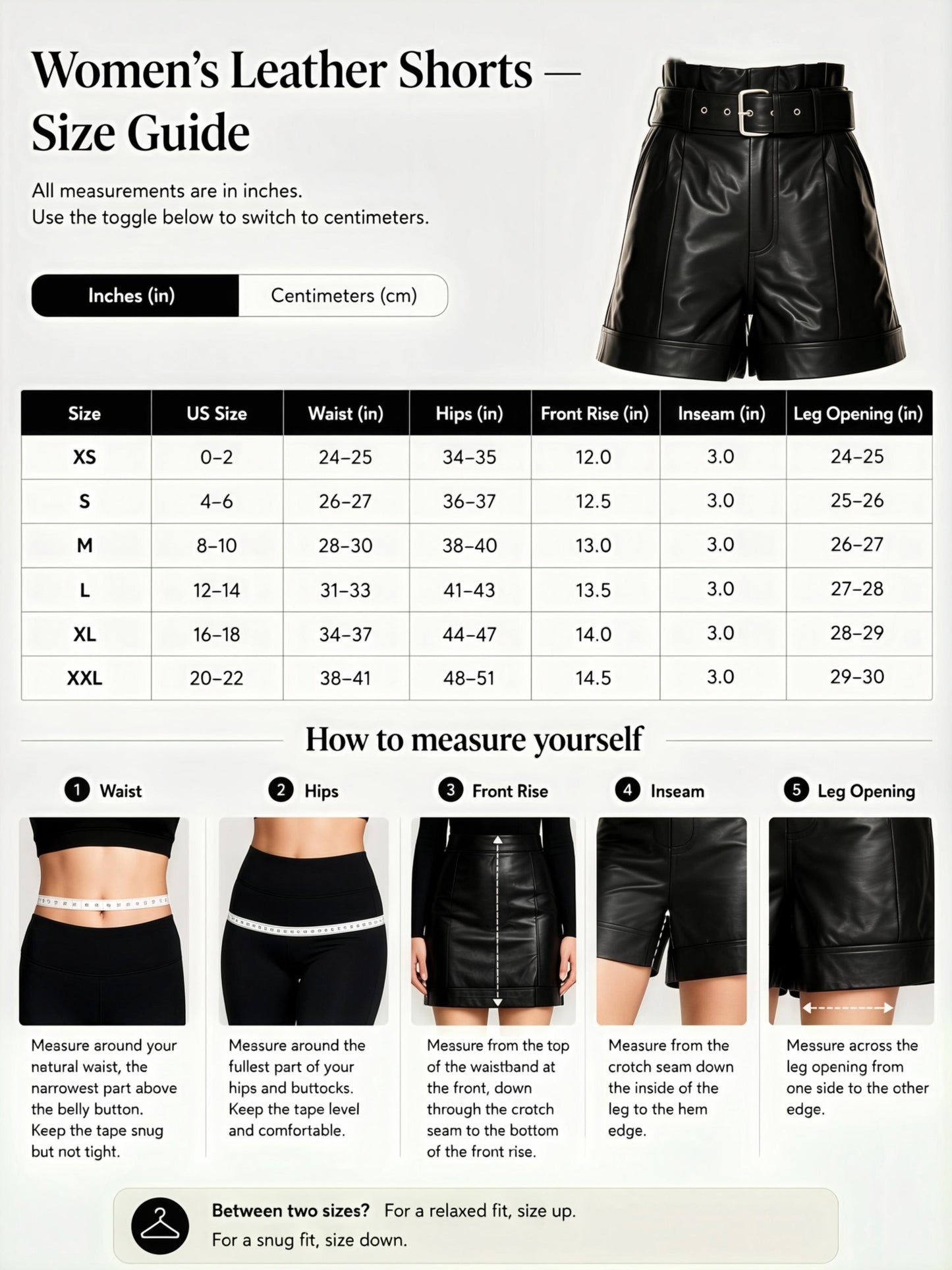 Women's leather shorts size guide with measurements and visual examples.