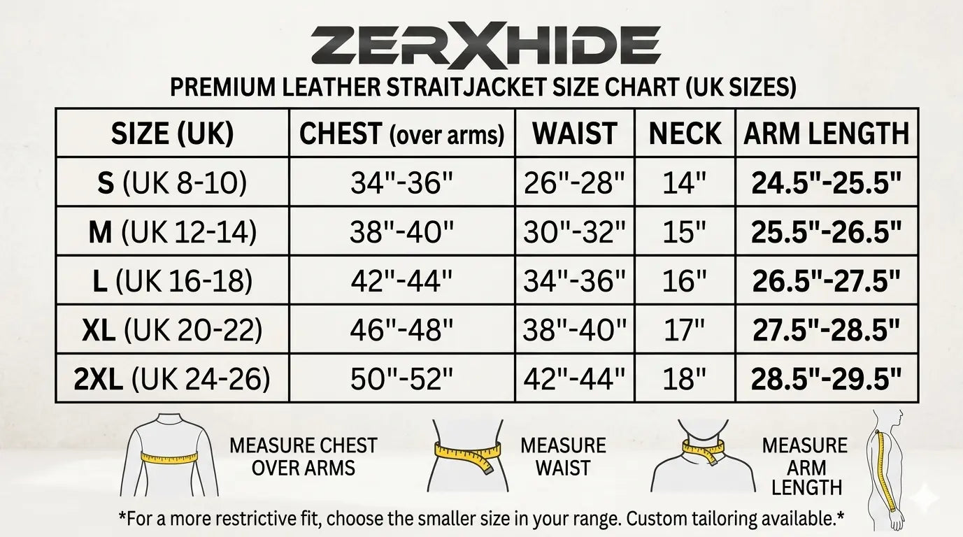 Official ZERXHIDE Premium Leather Straitjacket Size Chart for UK sizes S to 2XL with chest and waist measurements.