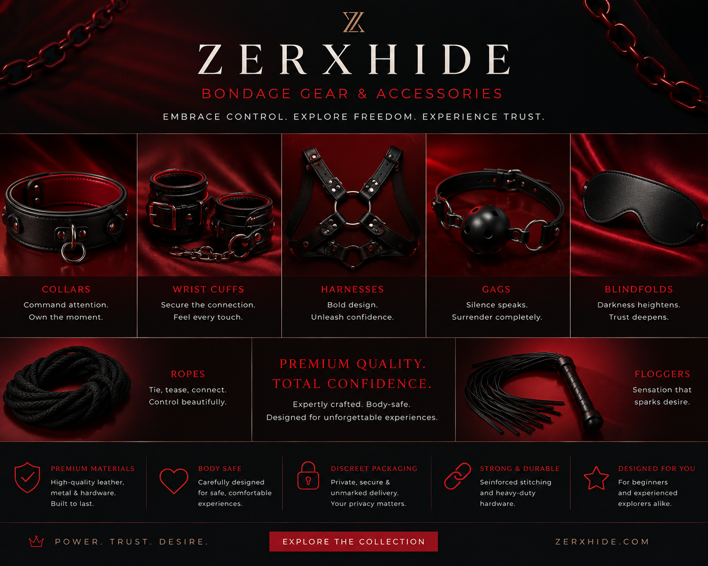 Zerxhide bondage gear and accessories collection banner featuring collars wrist cuffs harnesses gags blindfolds ropes and floggers on red satin background