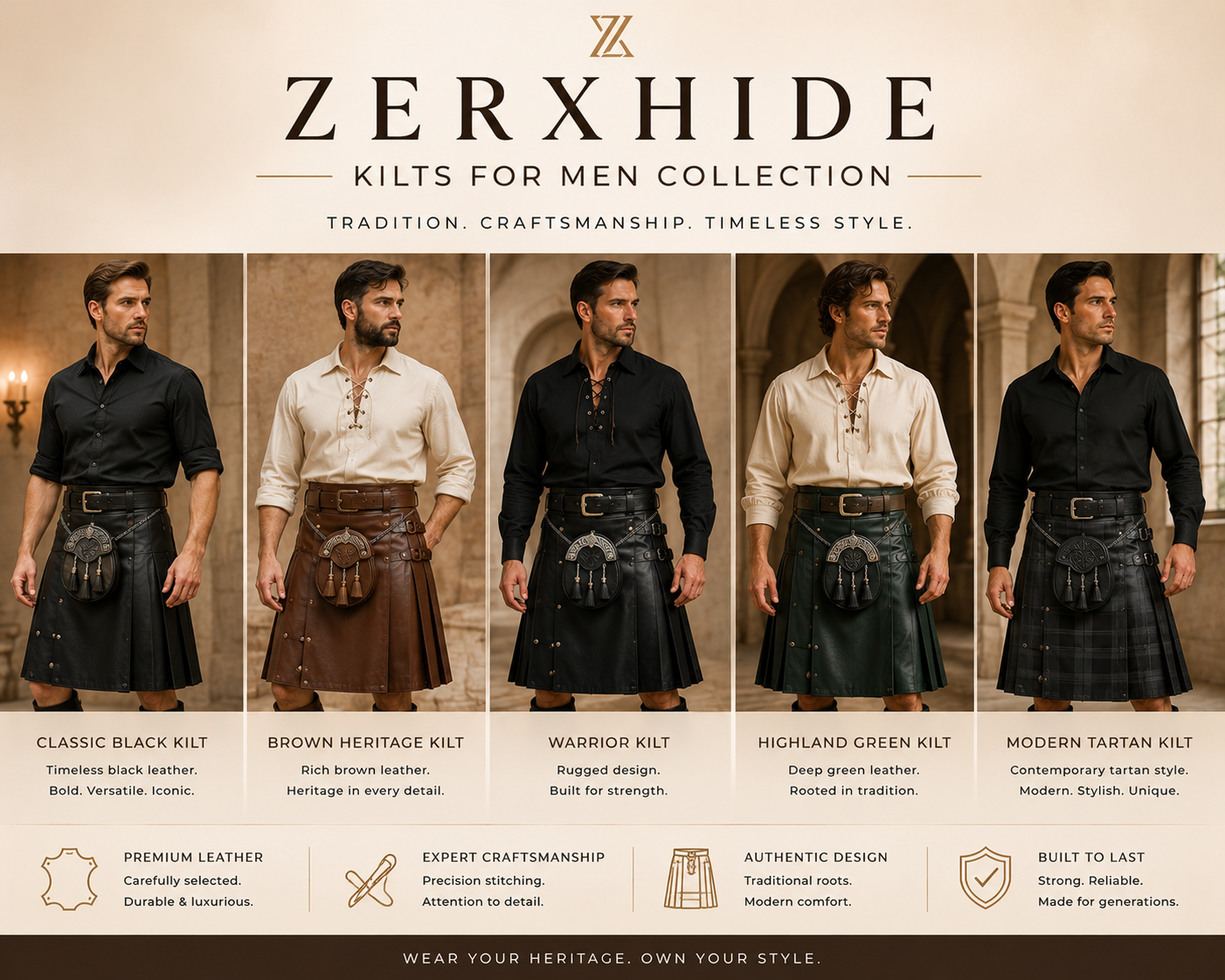 Luxury men’s leather kilt collection by ZERXHIDE featuring modern Scottish-inspired kilts in black, brown, green, and tartan styles with a premium heritage fashion aesthetic.