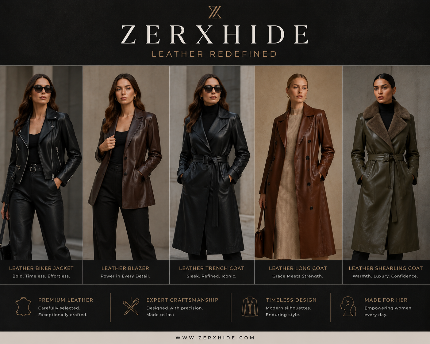 Luxury women’s leather jackets and coats collection by ZERXHIDE featuring elegant modern outerwear styles.