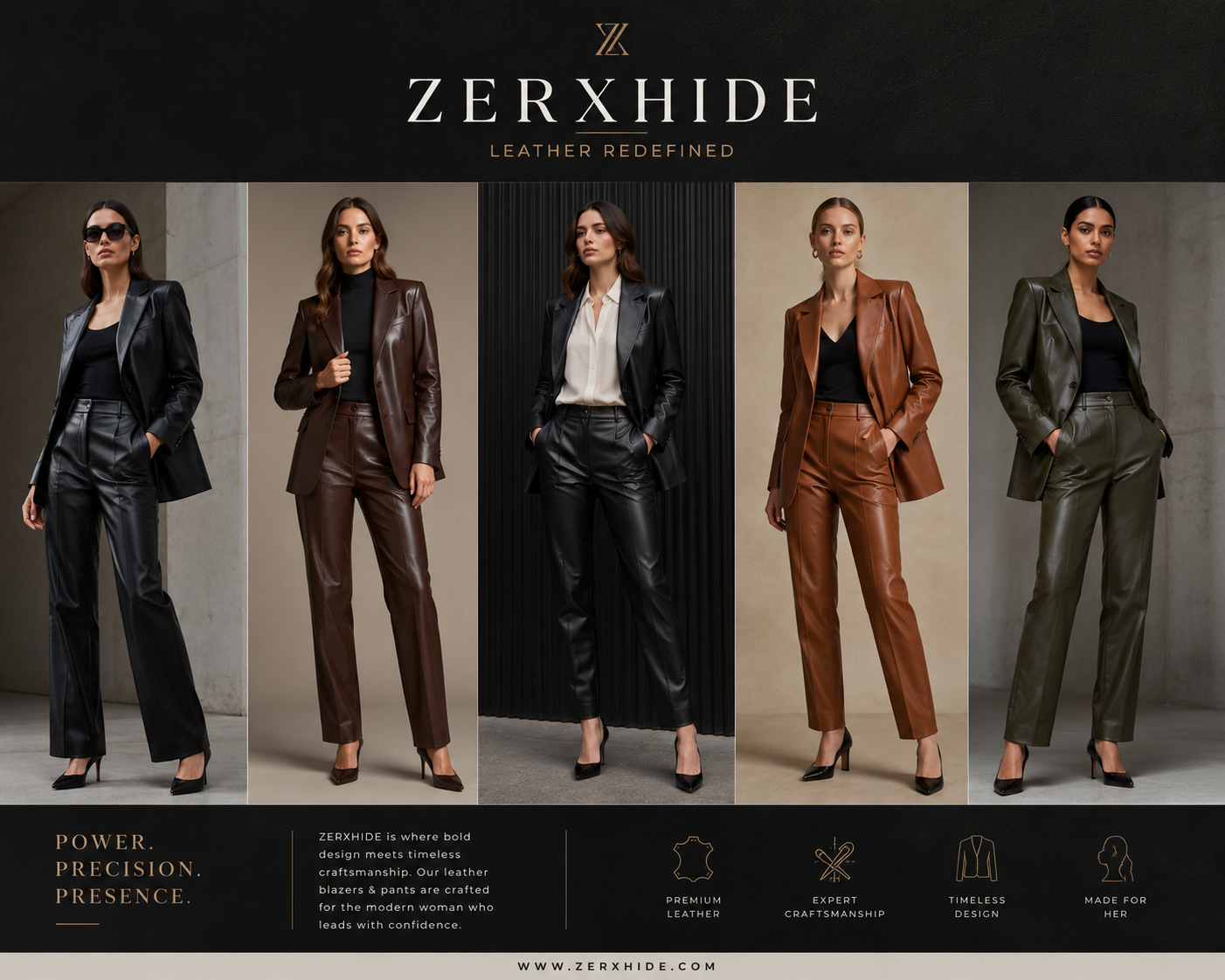 Luxury women’s leather blazer and pants collection by ZERXHIDE featuring elegant modern fashion styles.
