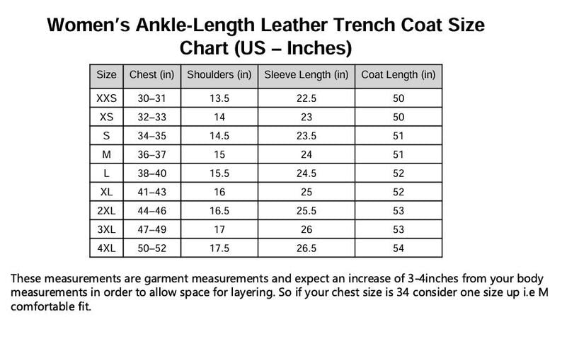 Size chart for women's ankle-length leather trench coats in US inches.