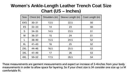 Size chart for women's ankle-length leather trench coats in US inches.