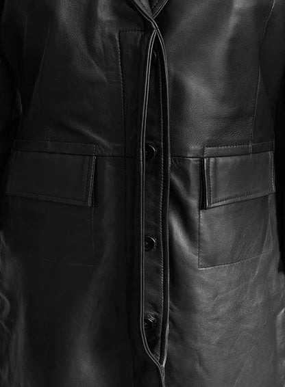 Close-up of a black leather coat with buttons and pocket details.