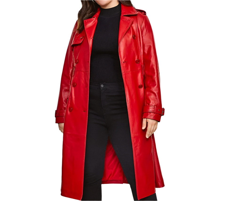 Red leather trench coat worn by a person on a white background