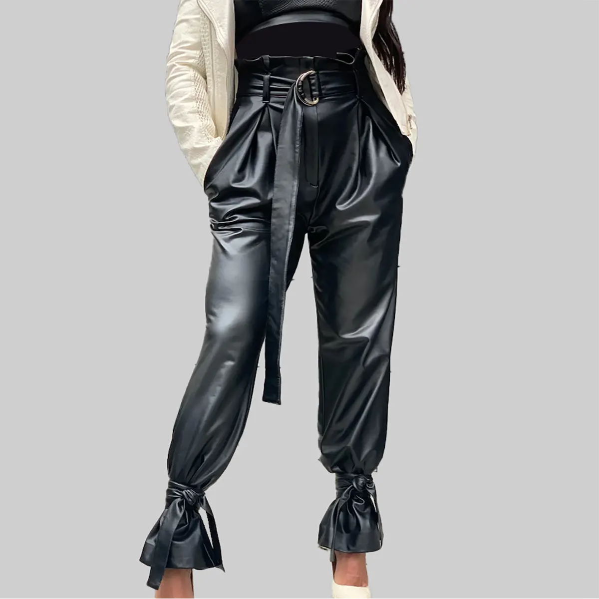 ZERXHIDE Women's Black Leather Paper-Bag Waist Tapered Pants – D-Ring Belt with Bow Ankle Cuffs ZerxHide