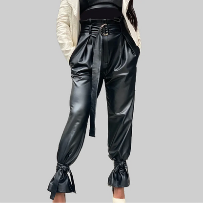 ZERXHIDE Women's Black Leather Paper-Bag Waist Tapered Pants – D-Ring Belt with Bow Ankle Cuffs ZerxHide