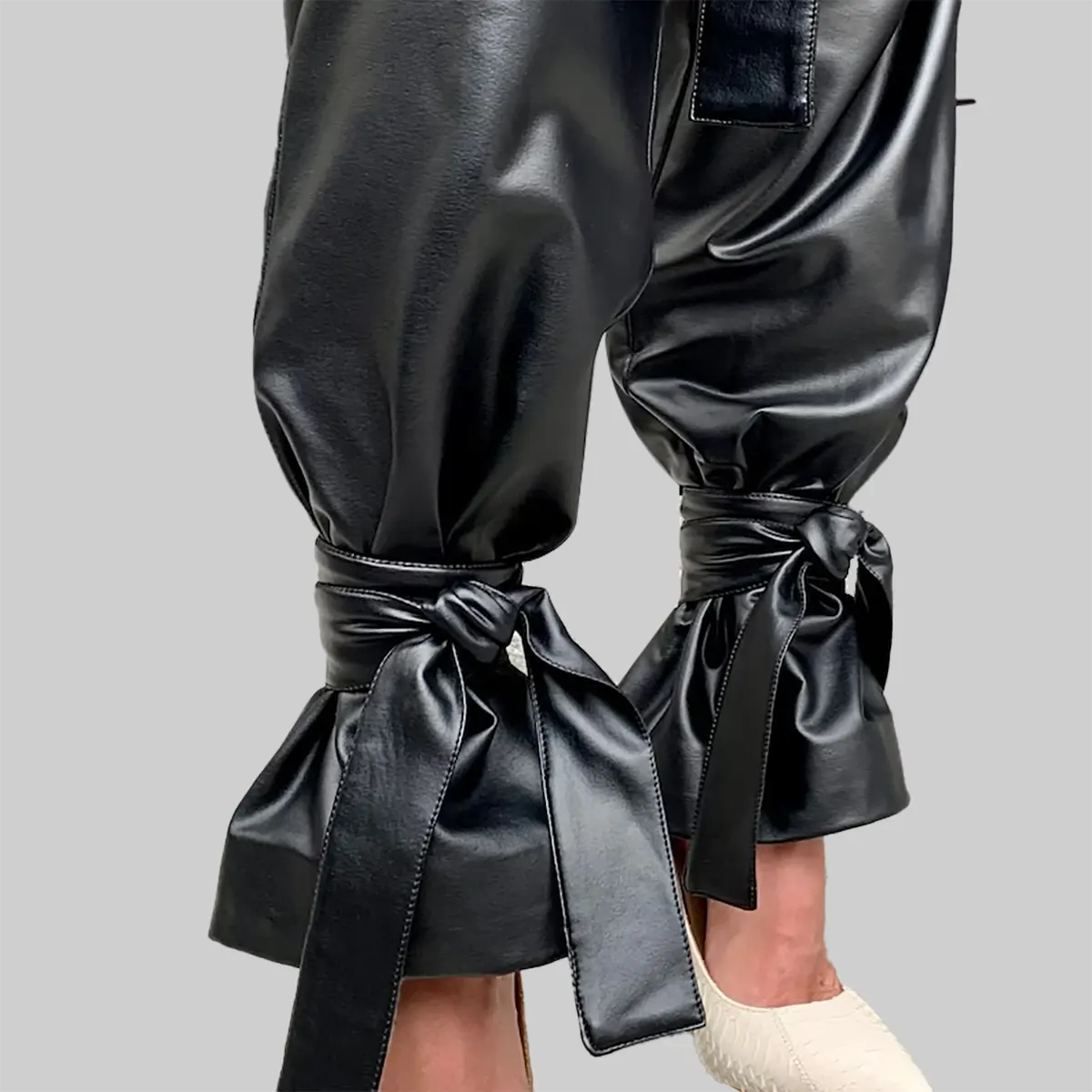 ZERXHIDE Women's Black Leather Paper-Bag Waist Tapered Pants – D-Ring Belt with Bow Ankle Cuffs ZerxHide