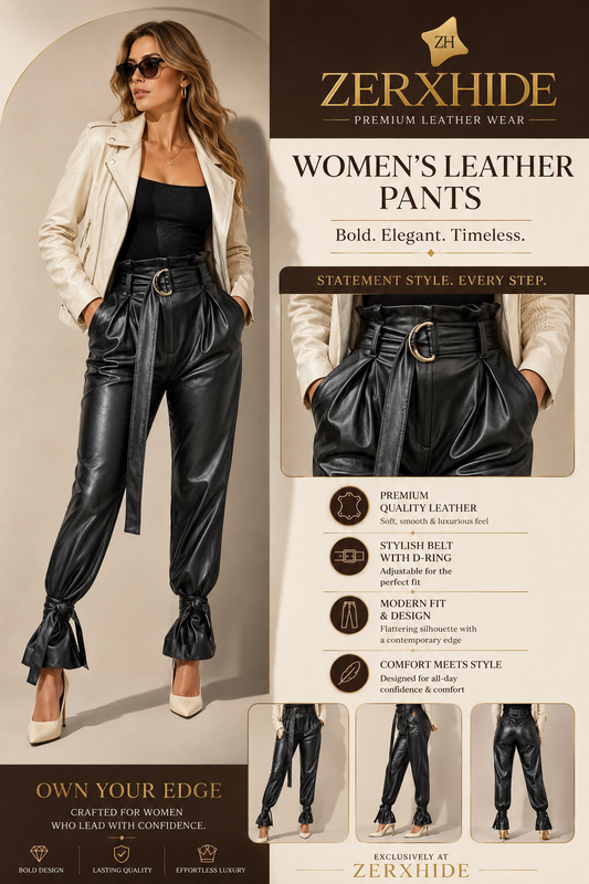 ZERXHIDE Women's Black Leather Paper-Bag Waist Tapered Pants – D-Ring Belt with Bow Ankle Cuffs ZerxHide