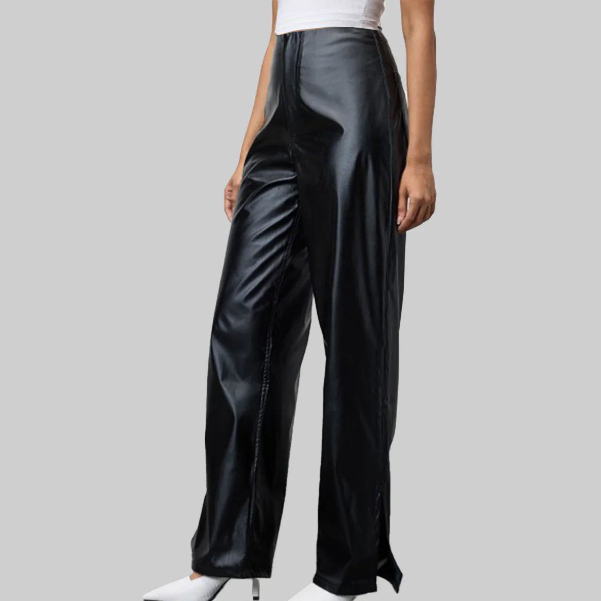 ZERXHIDE Women's Black Leather Wide Leg Trousers – High Waist Front Slit with Two Rear Welt Pockets ZerxHide