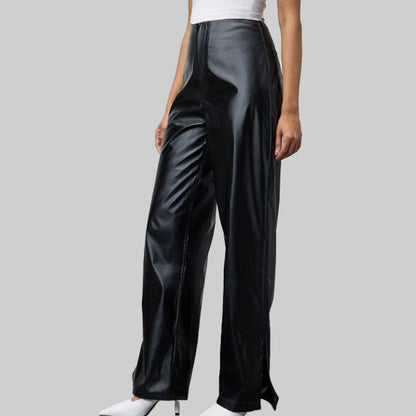 ZERXHIDE Women's Black Leather Wide Leg Trousers – High Waist Front Slit with Two Rear Welt Pockets ZerxHide