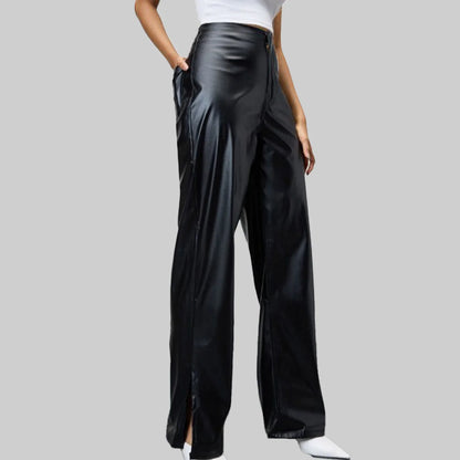 ZERXHIDE Women's Black Leather Wide Leg Trousers – High Waist Front Slit with Two Rear Welt Pockets ZerxHide
