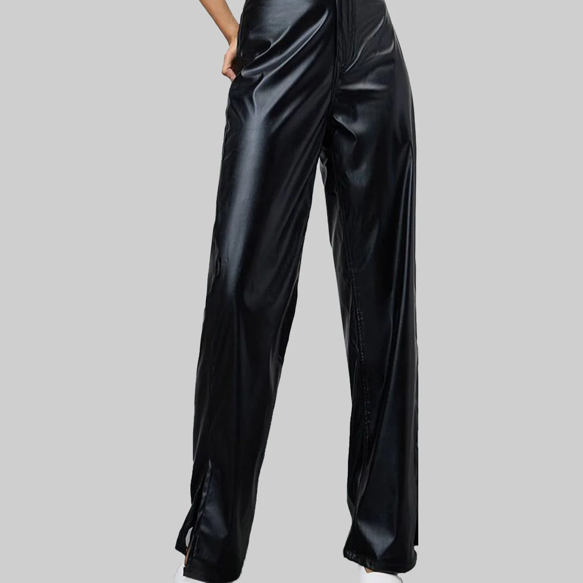 ZERXHIDE Women's Black Leather Wide Leg Trousers – High Waist Front Slit with Two Rear Welt Pockets ZerxHide