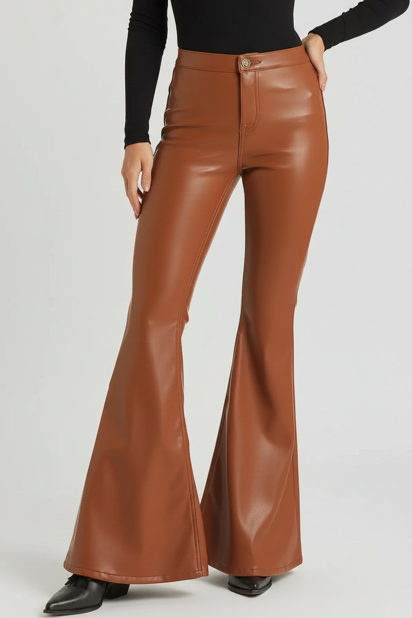 ZERXHIDE Women's Brown Leather Bell-Bottom Flare Pants – High Waist Gold Button with Two Rear Pockets in Cognac ZerxHide
