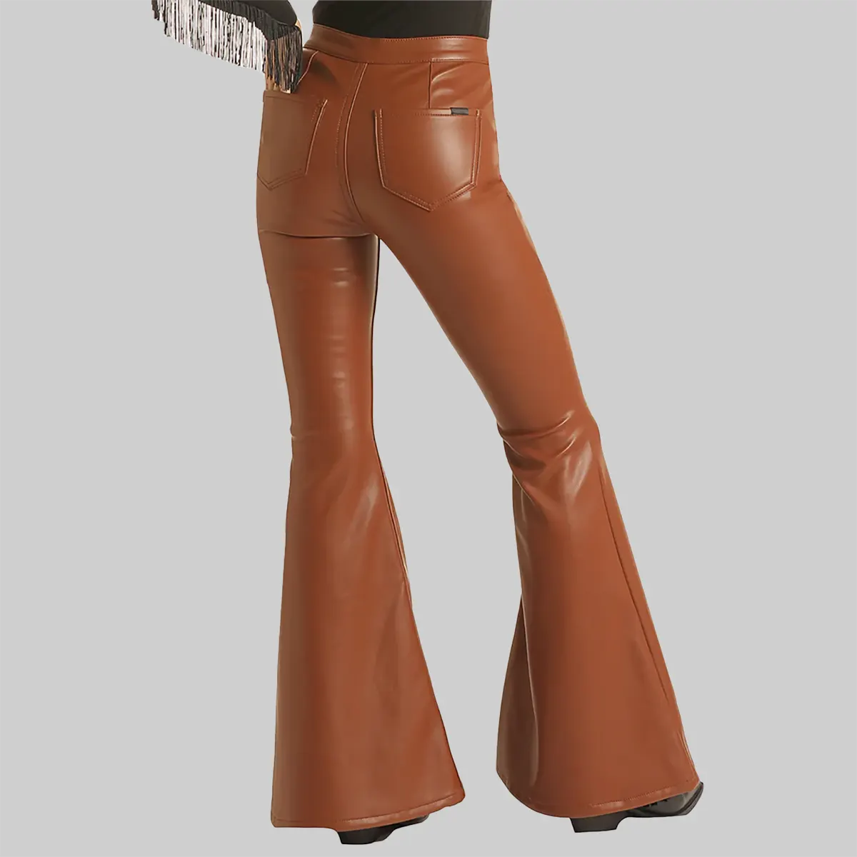 ZERXHIDE Women's Brown Leather Bell-Bottom Flare Pants – High Waist Gold Button with Two Rear Pockets in Cognac ZerxHide
