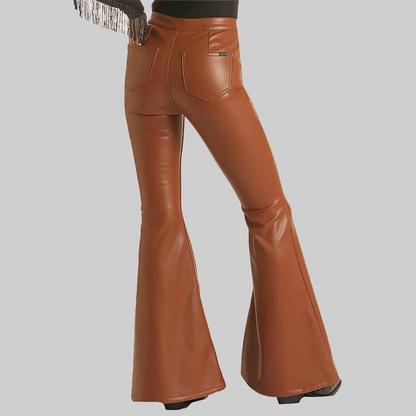 ZERXHIDE Women's Brown Leather Bell-Bottom Flare Pants – High Waist Gold Button with Two Rear Pockets in Cognac ZerxHide