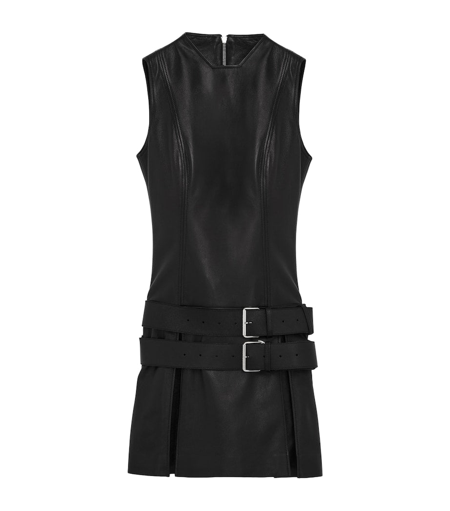 Black sleeveless dress with a belt on a white background
