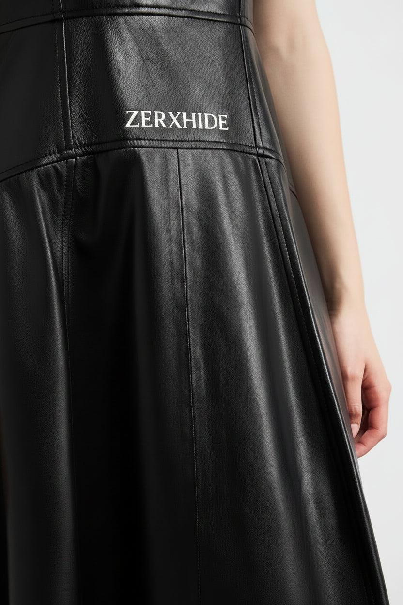 Close-up of a black leather skirt on a plain background