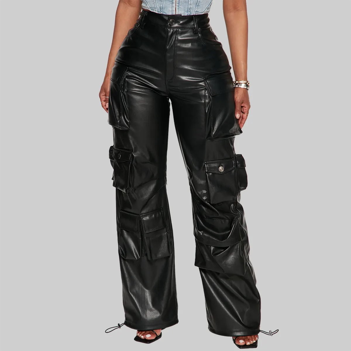 ZERXHIDE Women's Black Leather Wide Leg Cargo Pants – Multi-Pocket High Waist with Ankle Drawstring ZerxHide