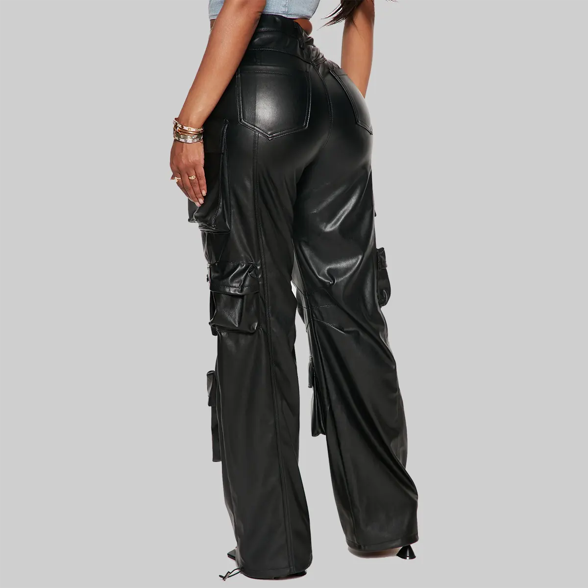 ZERXHIDE Women's Black Leather Wide Leg Cargo Pants – Multi-Pocket High Waist with Ankle Drawstring ZerxHide