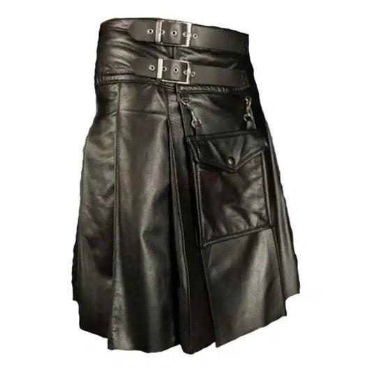 Black leather kilt with belt and buttons on a white background