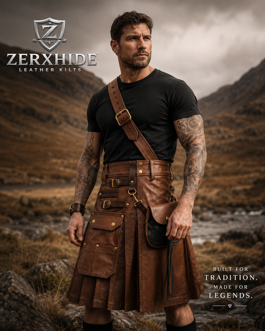 Man wearing a brown leather kilt with Zerxhide branding in a mountainous landscape.