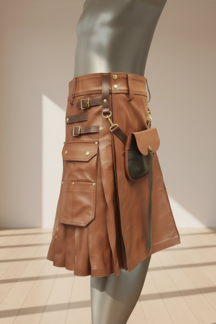 Brown leather kilt with gold buttons and belt on a mannequin against a beige background