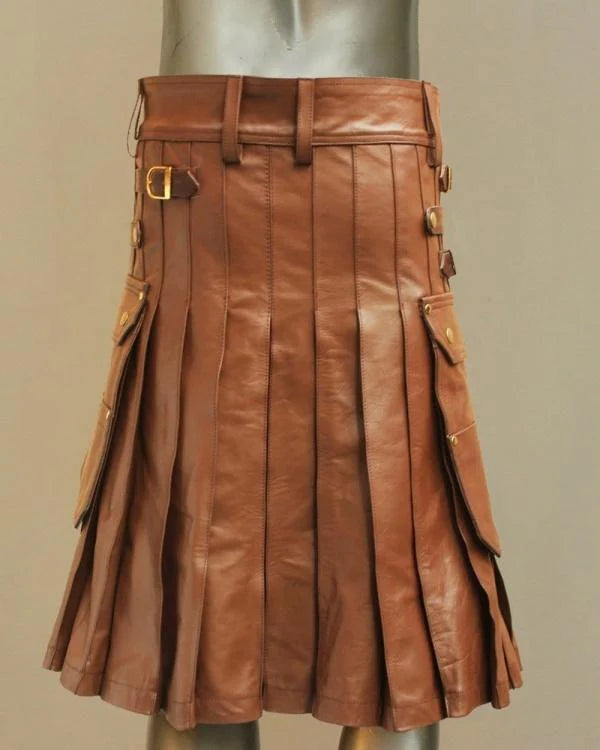 Brown leather kilt on a mannequin against a beige background