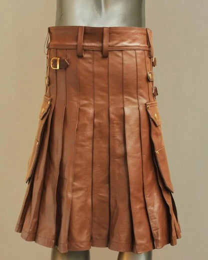 Brown leather kilt on a mannequin against a beige background
