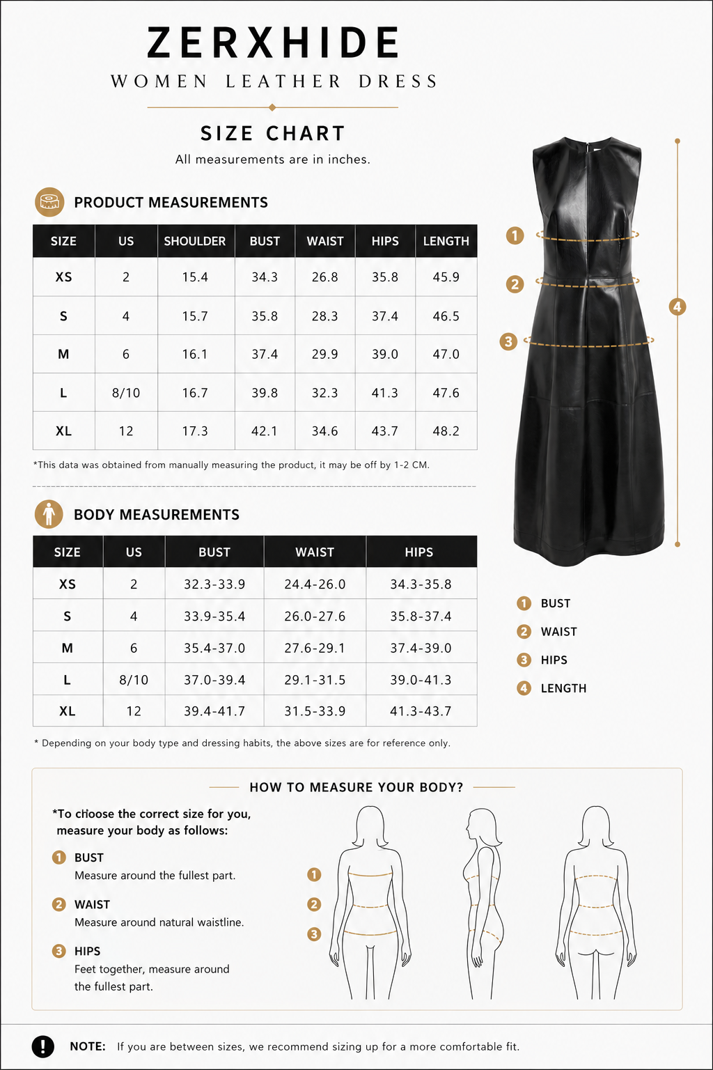 Zerxhide women's leather dress size chart with measurements and illustrations.
