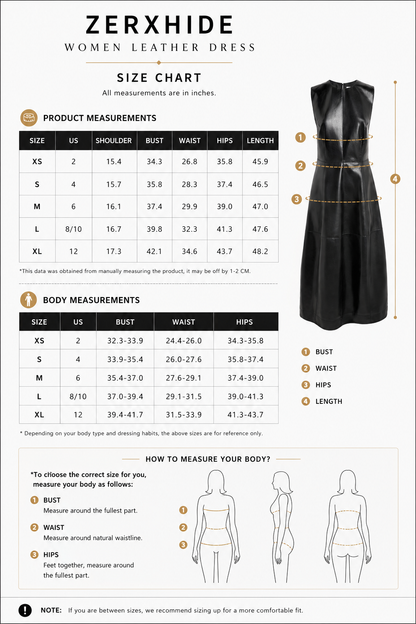 Zerxhide women's leather dress size chart with measurements and illustrations.