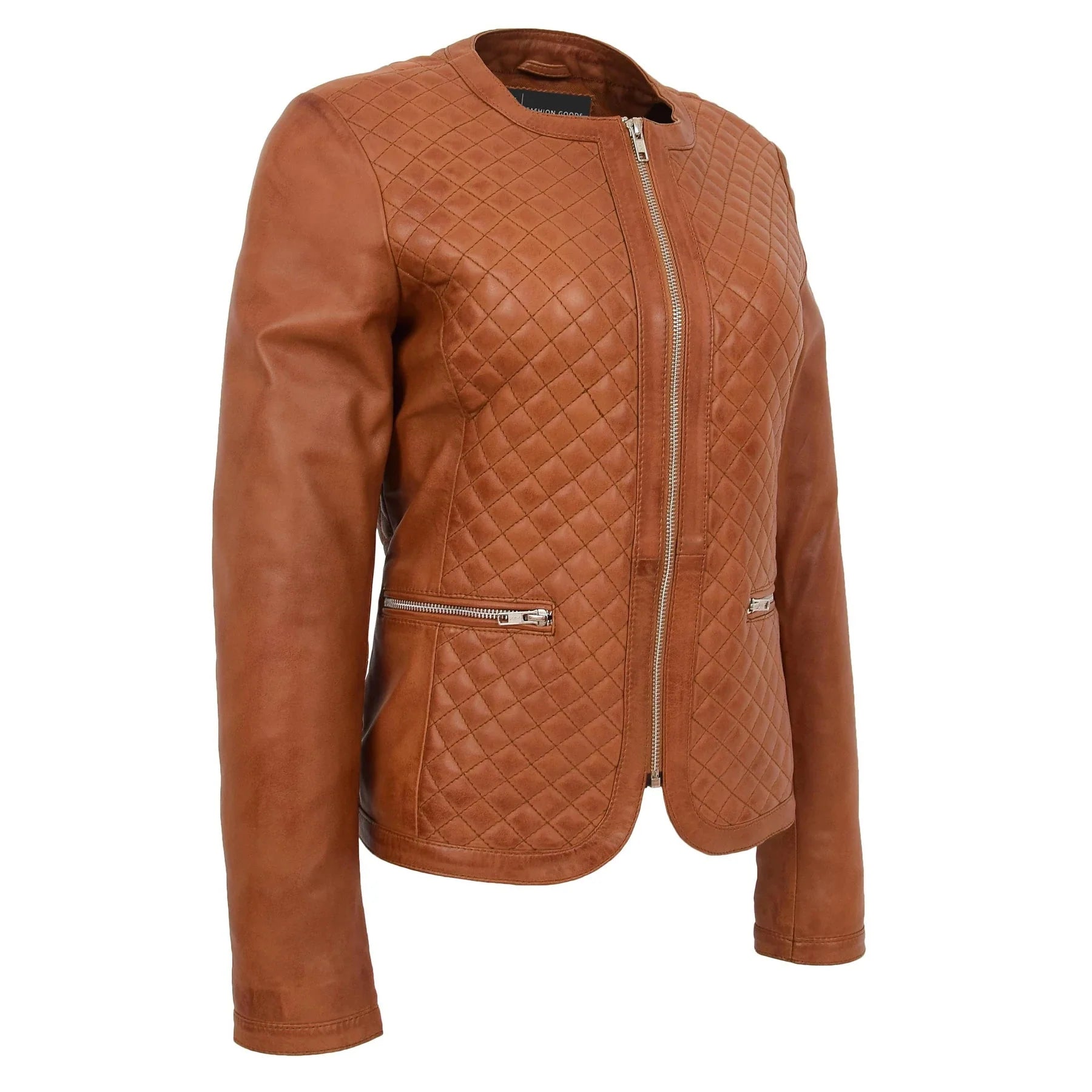 Brown quilted leather jacket on a white background