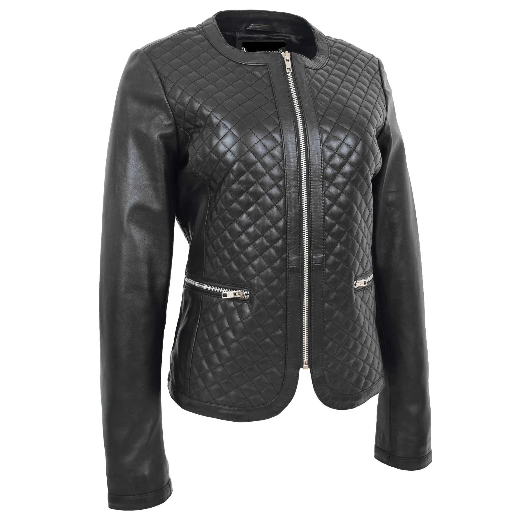 Black quilted leather jacket on a white background