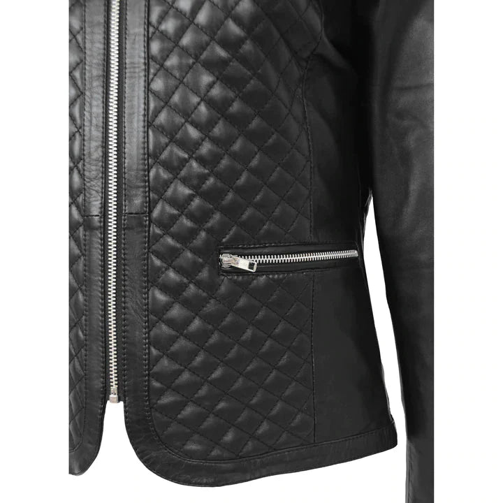 Black quilted leather jacket with zipper details on a white background