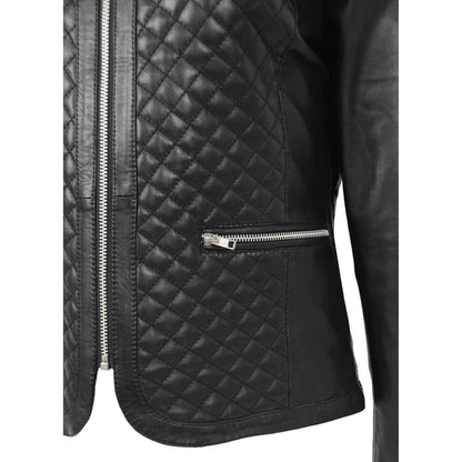Black quilted leather jacket with zipper details on a white background