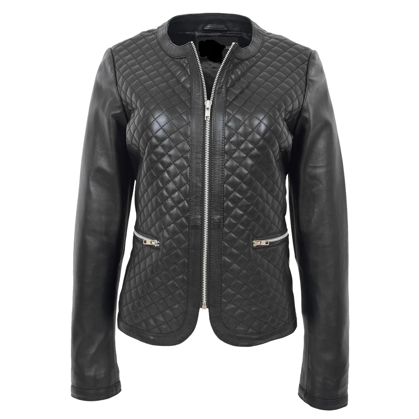 Black quilted leather jacket on a white background