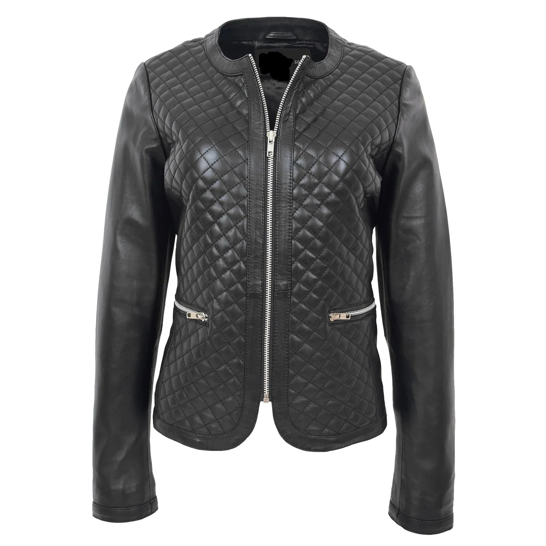 Black quilted leather jacket on a white background