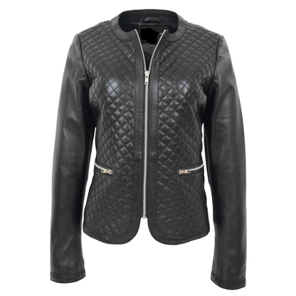 Black quilted leather jacket on a white background