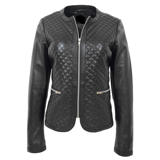Black quilted leather jacket on a white background