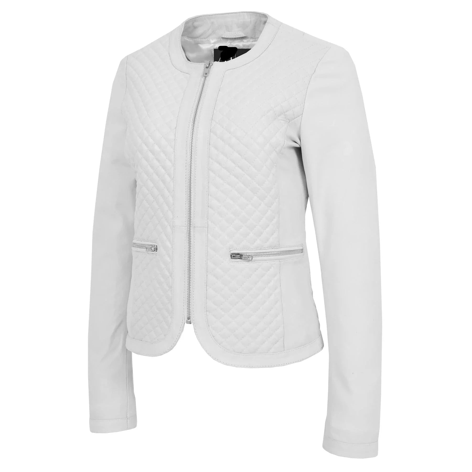 Light gray quilted jacket on a white background