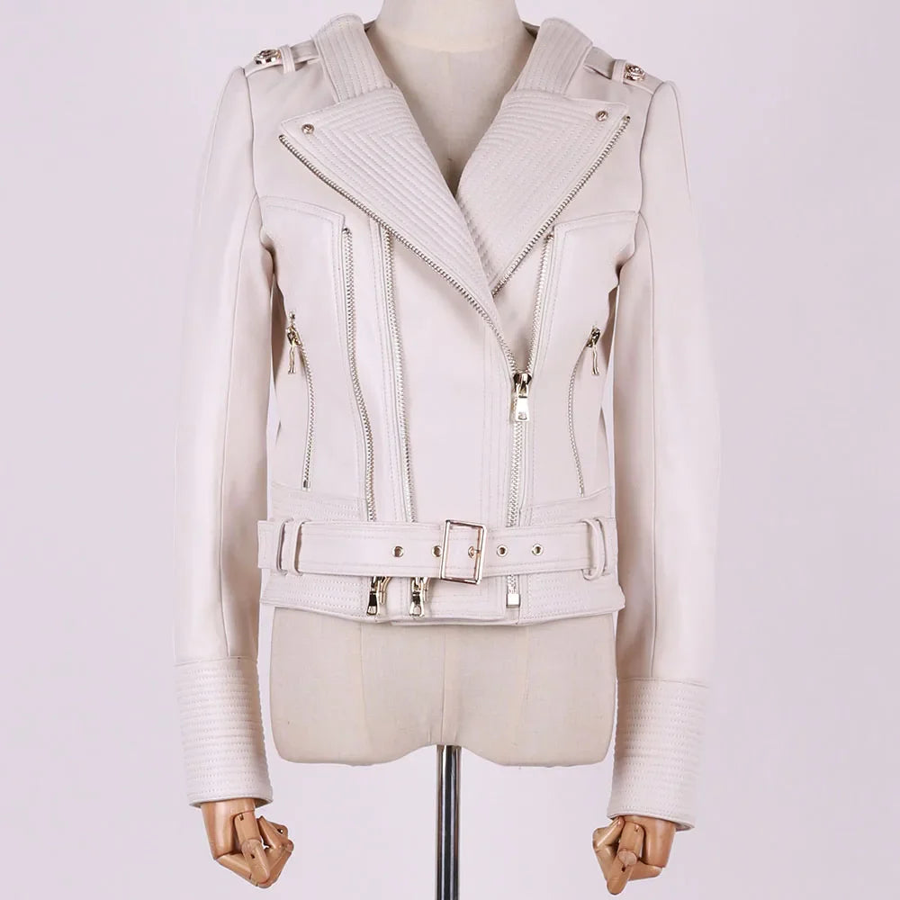 Women leather jacket white double zipper sheepskin biker with belt front view