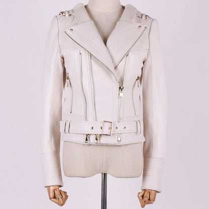 Women leather jacket white double zipper sheepskin biker with belt front view