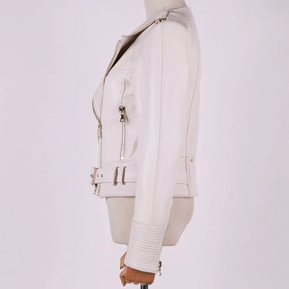 Women leather jacket white side profile showing belt buckle and quilted cuffs